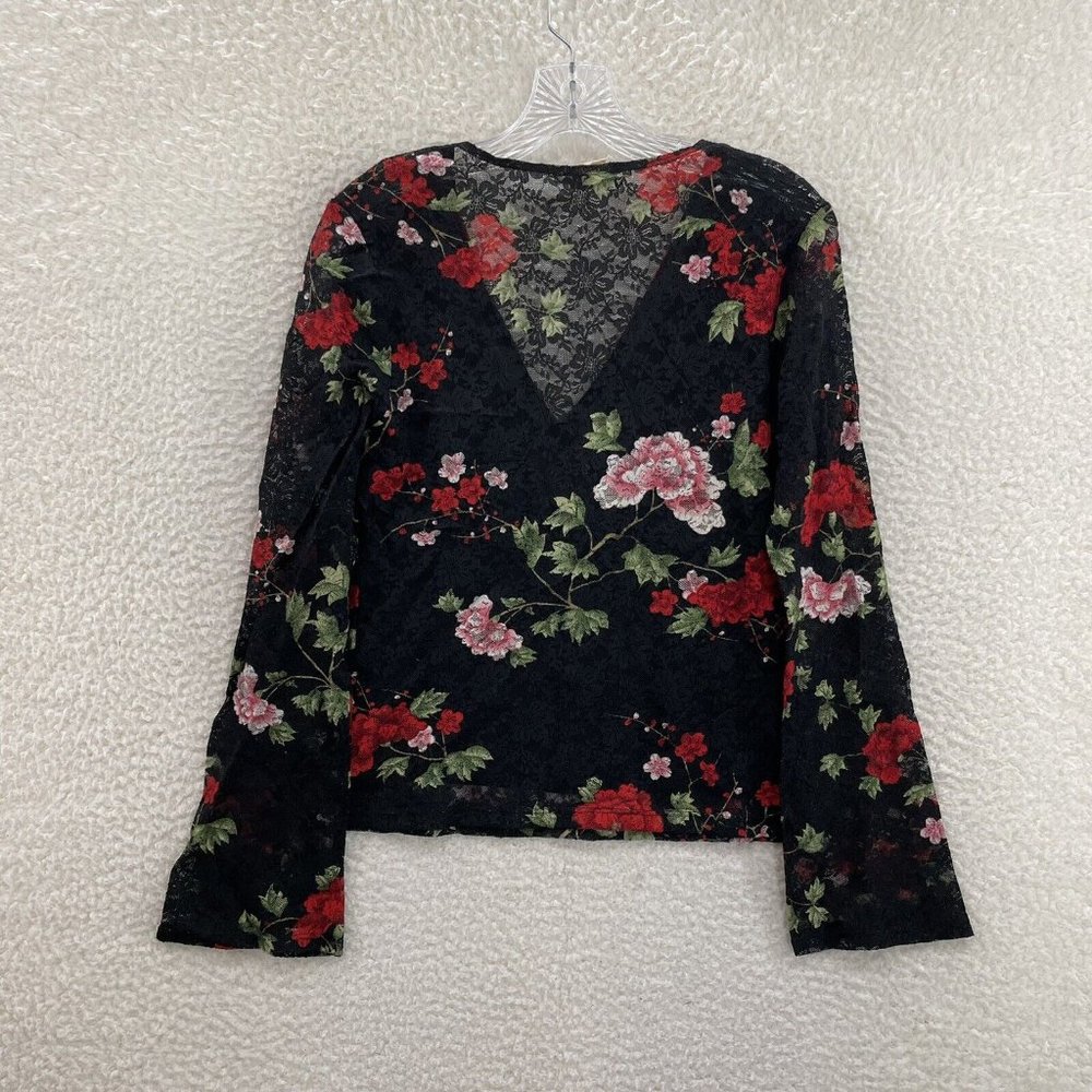 90s Y2K Vintage Fashion Bug Black Rose Floral Sheer Lace Top M L Medium Large - Picture 2 of 9